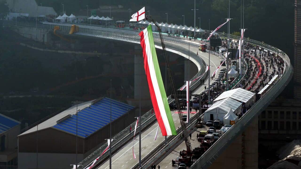 Inauguration of the New Bridge of Genoa San Giorgio, Ex Morandi on the Polcevera river built after the collapse of 2018