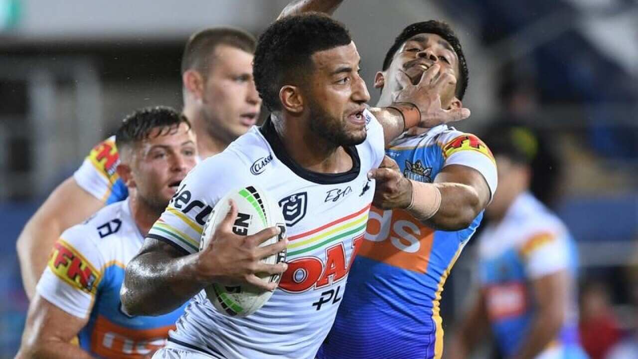 Viliame Kikau takes on Gold Coast for Penrith at CBUS Stadium