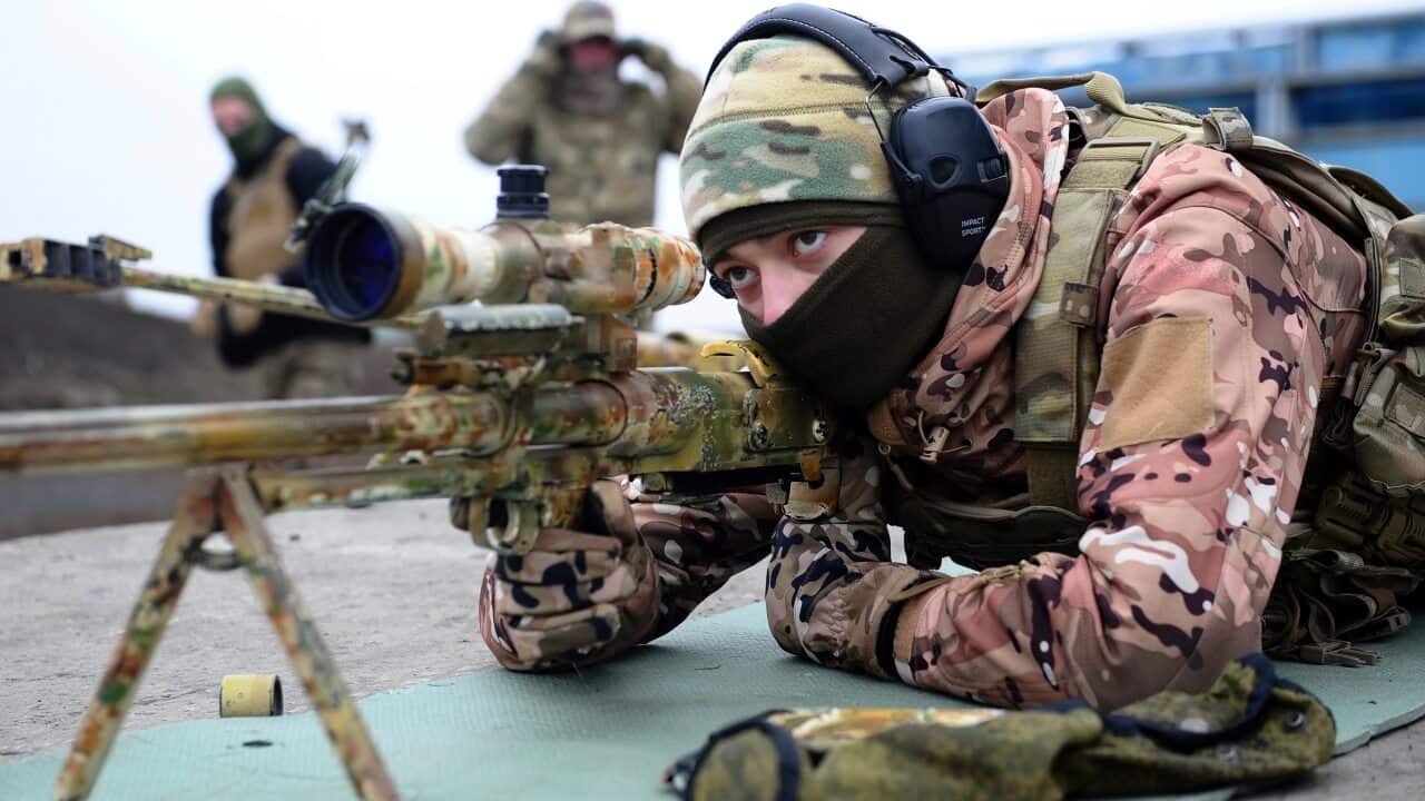 A Russian serviceman takes part in drills in the Rostov region near Russia's border with Ukraine in December, 2021.
