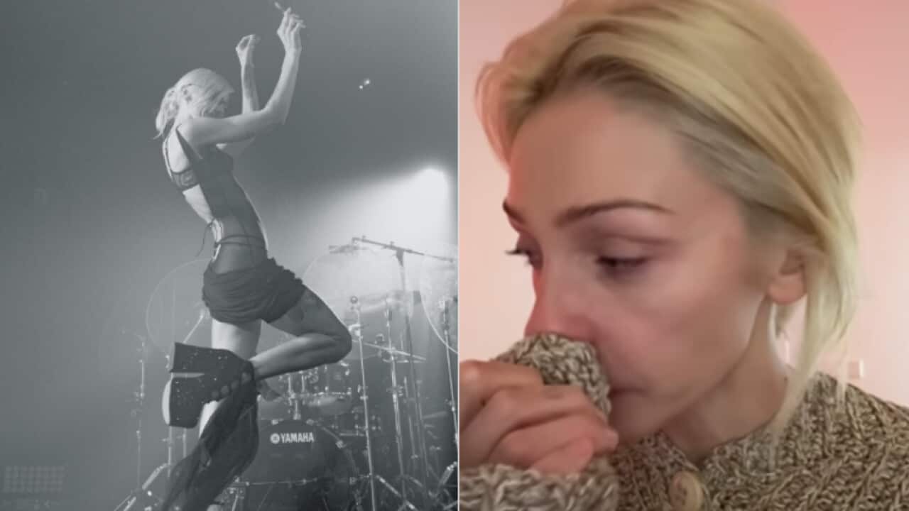 A woman wearing black is posing in an armchair, another photo shows her crying while wearing a jumper.