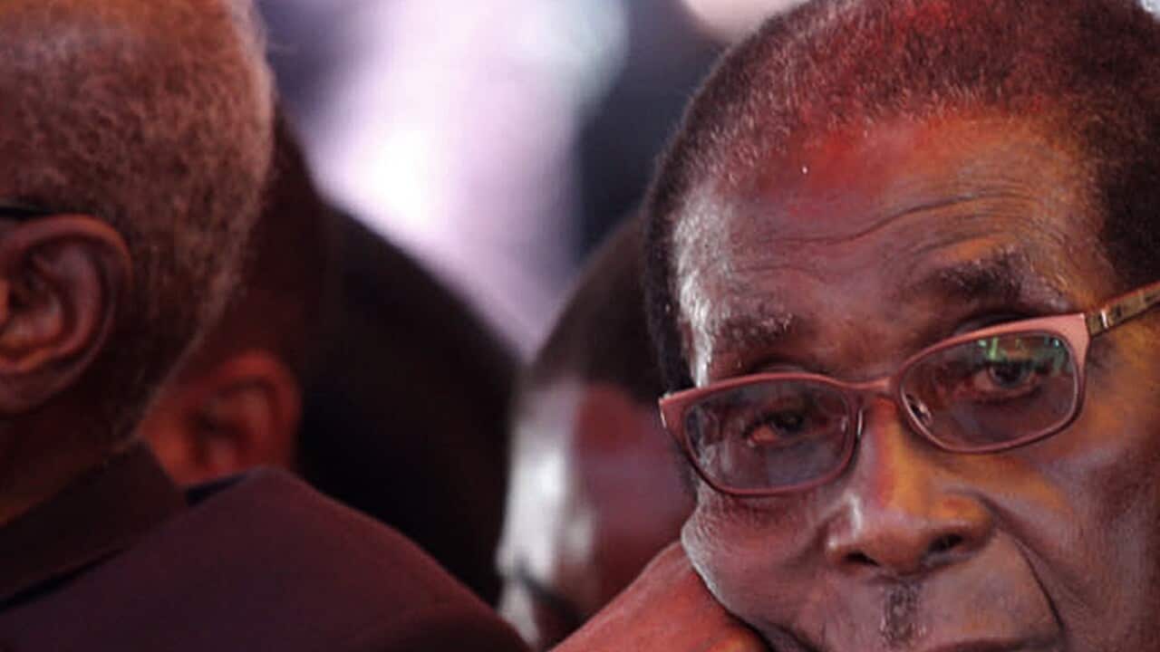 Zimbabwe's President Mugabe looks on during a rally marking Zimbabwe's 32nd independence anniversary celebrations in Harare