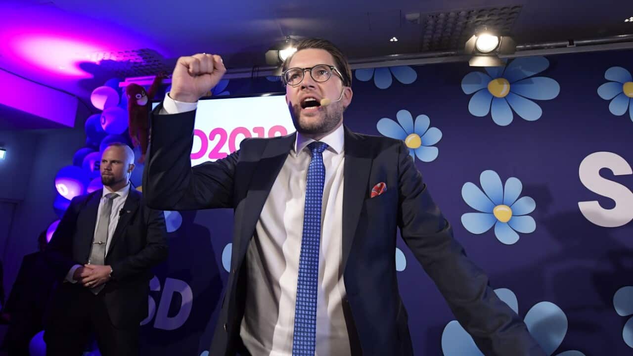 Sweden Democrats party leader Jimmie Akesson speaks at the election party in Stockholm.