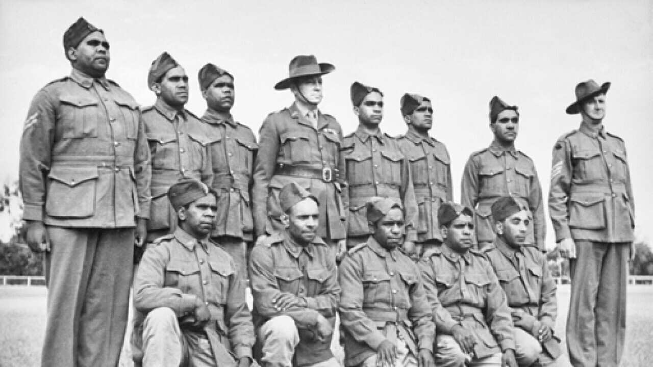 Group portrait of the special platoon consisting of Aboriginal Soldiers, all volunteers, at Number 9 camp at Wangaratta.