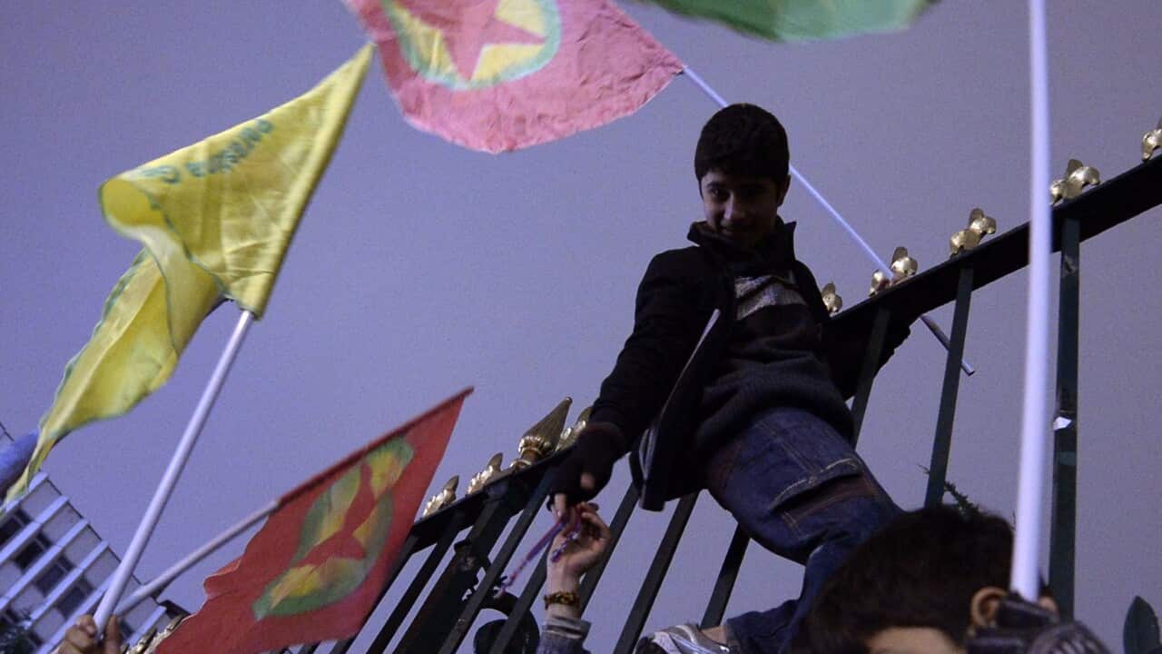 Kurds celebrate in Istanbul, Turkey, Monday, Jan. 26, 2015, hours after US-backed Kurdish fighters pushed Islamic State entirely out of Kobani, a key Syrian town. (AP)