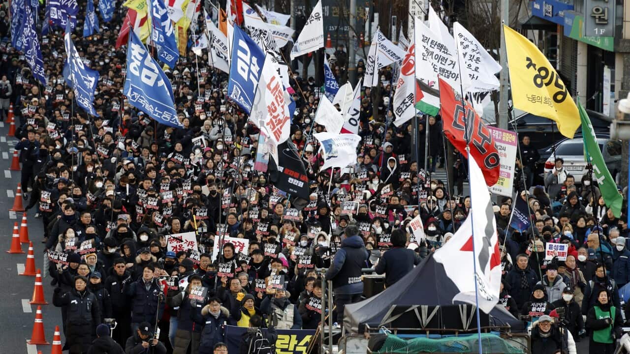 A rally against impeached president Yoon near the presidential residence in Seoul (AAP)