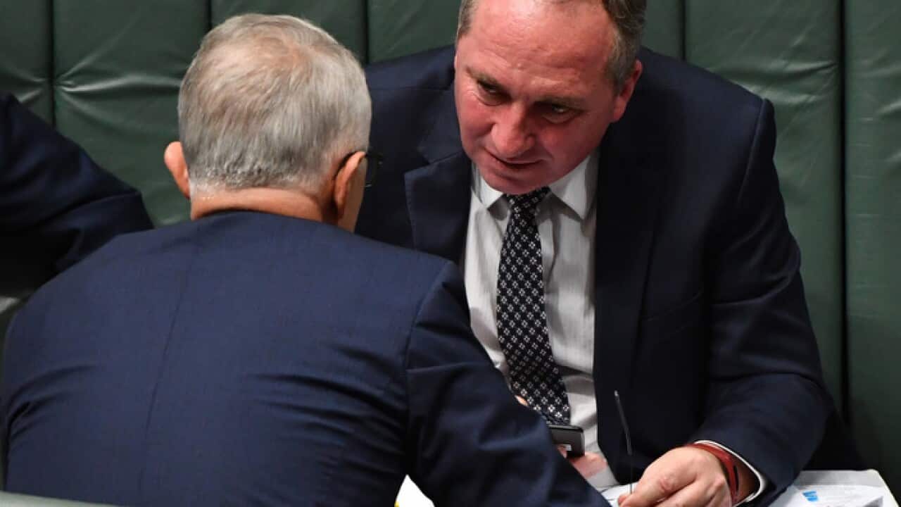 Prime Minister Malcolm Turnbull and Deputy Prime Minister Barnaby Joyce during Question Time in the House of Representatives at Parliament House in Canberra, Thursday, February 15, 2018. (AAP Image/Mick Tsikas) NO ARCHIVING