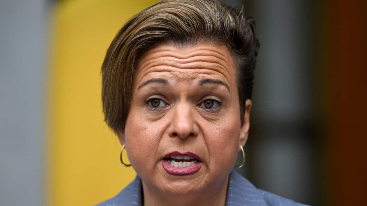 Communications Minister Michelle Rowland addressing the media.