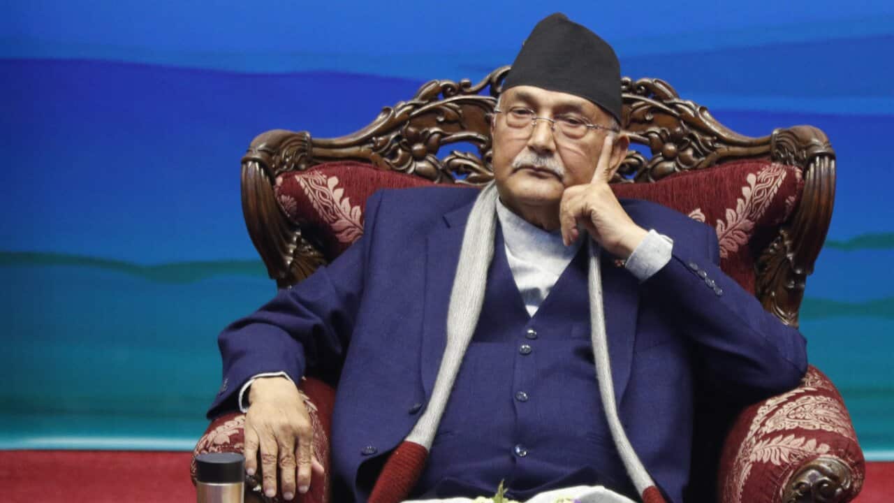 Nepal Prime Minister KP Oli attends a signing of peace agreement in Kathmandu, Nepal, Friday, March 5, 2021.