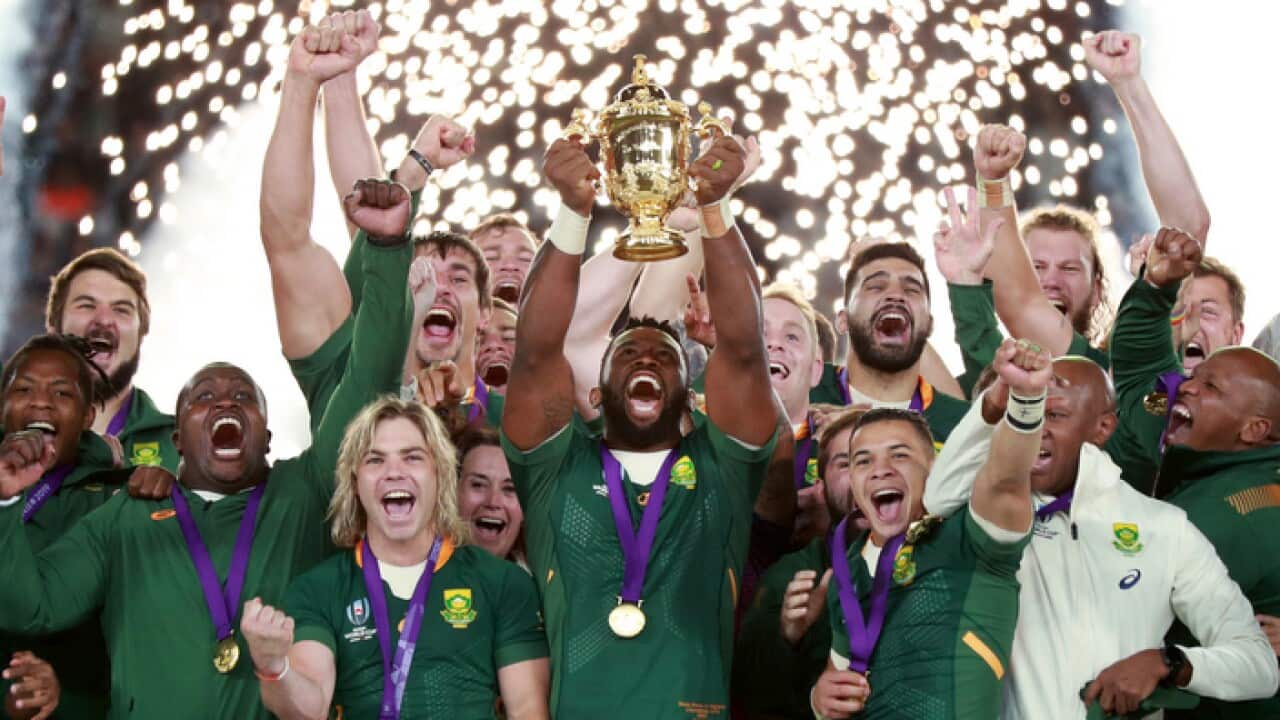 The Springboks with their World Cup trophy