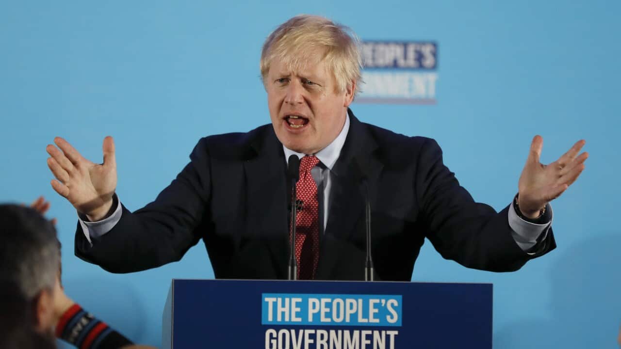 Britain's Prime Minister Boris Johnson speaks to the party faithful after formally claiming victory. 