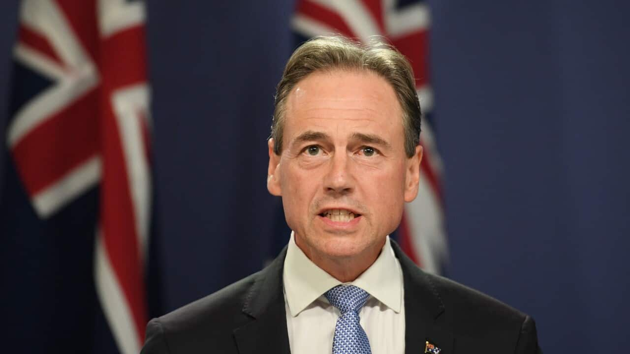 Federal Minister for Health Greg Hunt delivers an update of the COVID-19 vaccination program during a press conference in Sydney, Tuesday, March 2, 2021. (AAP Image/Dean Lewins) NO ARCHIVING