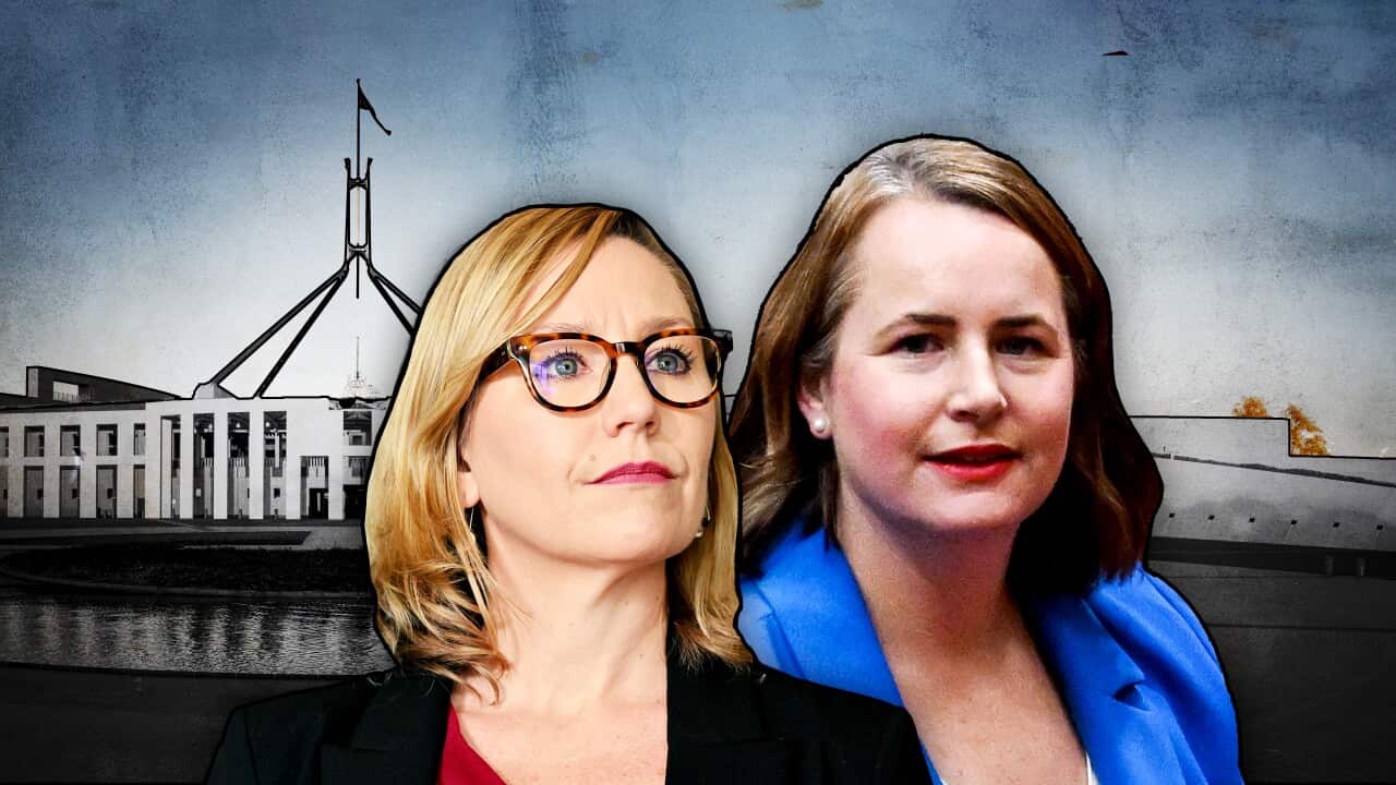 Two women superimposed in front of Parliament House