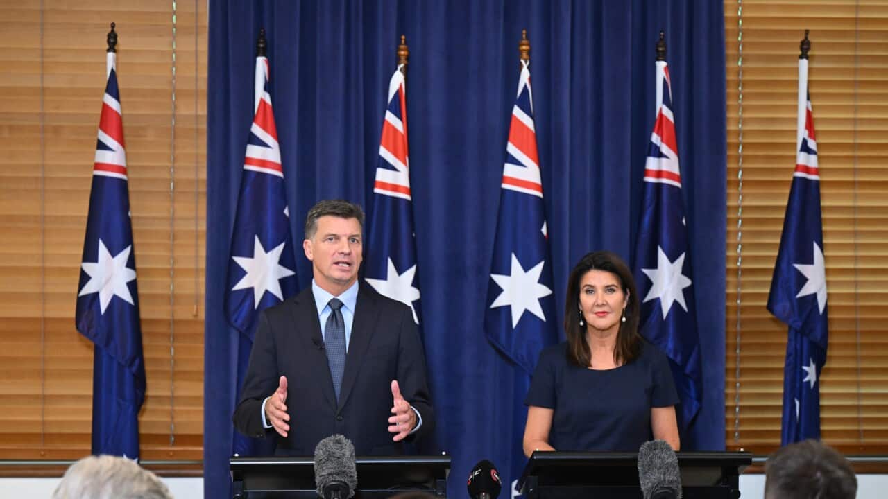 Newly elected Leader of the Opposition Angus Taylor (left) and Deputy Leader of the Opposition Jane Hume speak to the media during a press conference after a special party room meeting at Parliament House in Canberra, Friday, February 13, 2026. (AAP Image/Lukas Coch) NO ARCHIVING