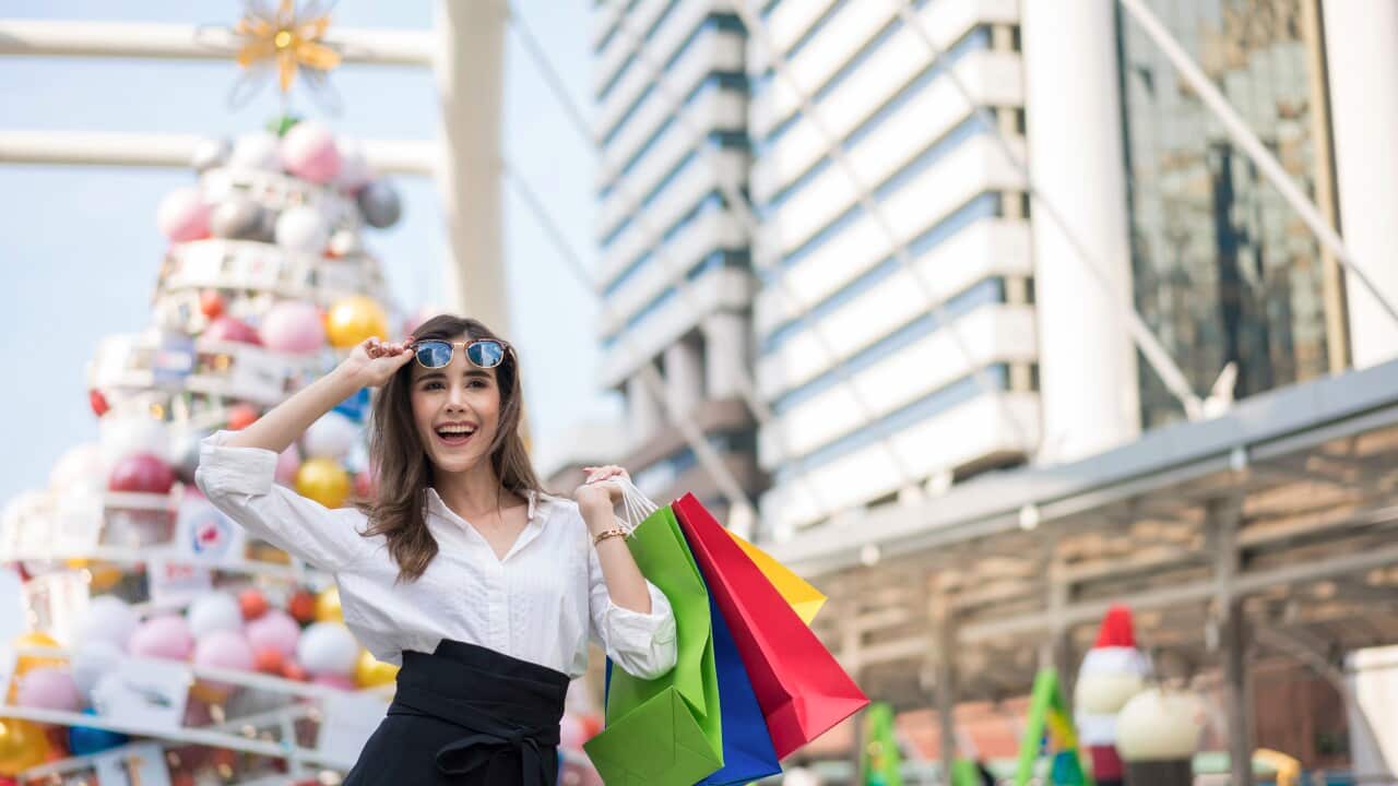 Portrait of an excited beautiful girl wearing dress and sunglasses holding shopping bags