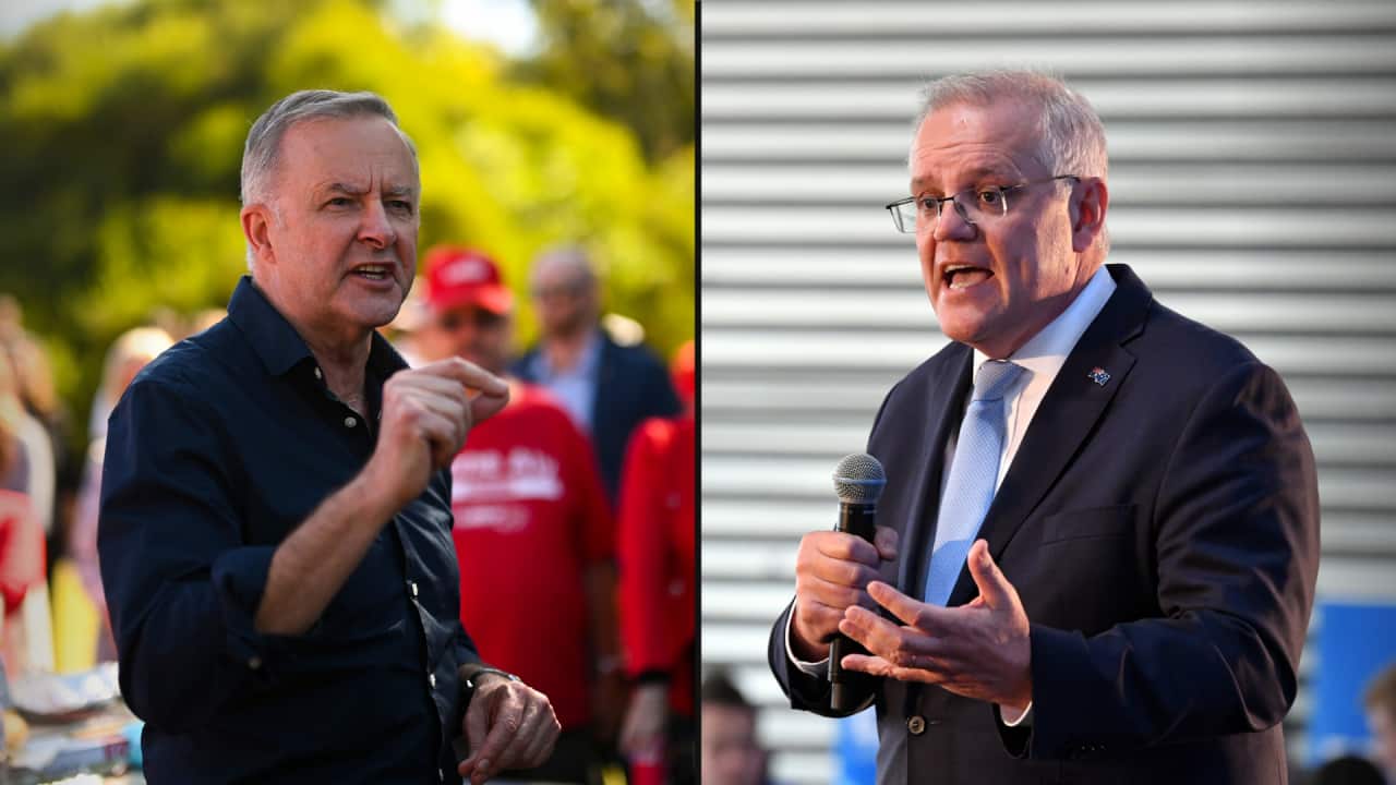 A composite picture of Anthony Albanese and Scott Morrison from day 20 of the election campaign.