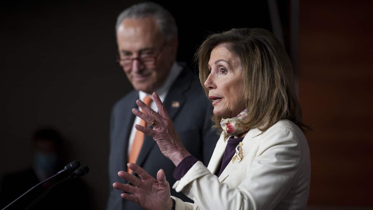 Nancy Pelosi and Chuck Schumer talk to reporters about the relief package
