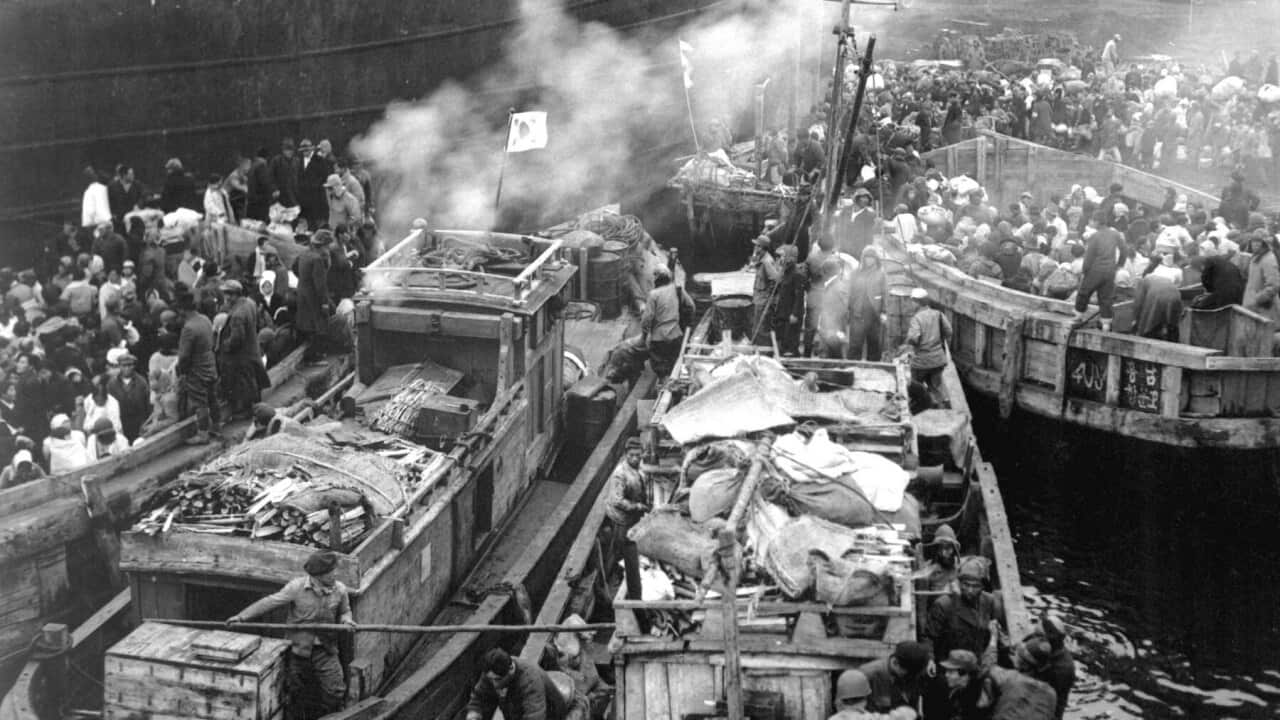 North Korean refugees use anything that will float to evacuate Hungnam.