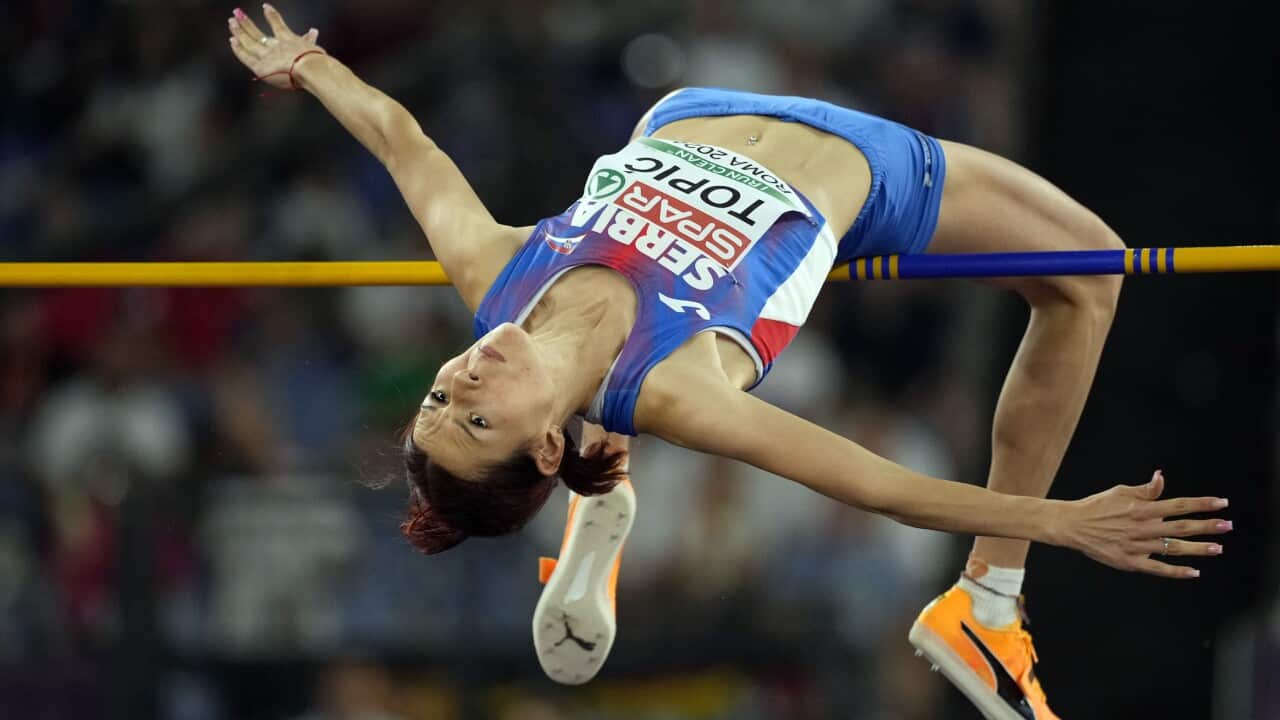 Angelina Topic of Serbia makes an attempt in the women's high jump final at the the European Athletics Championships in Rome