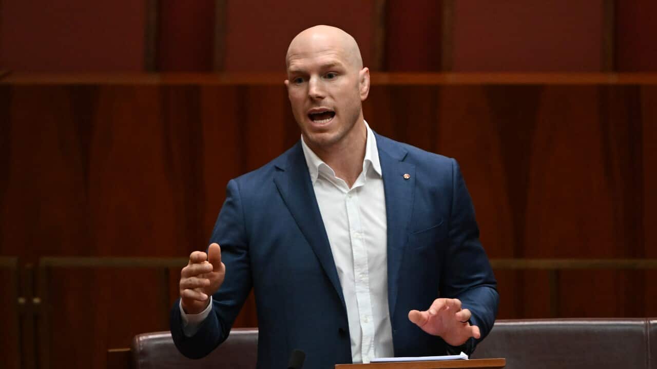Independent senator David Pocock speaks on the climate change Bill in the Senate chamber at Parliament House in Canberra, 7 September 2022.