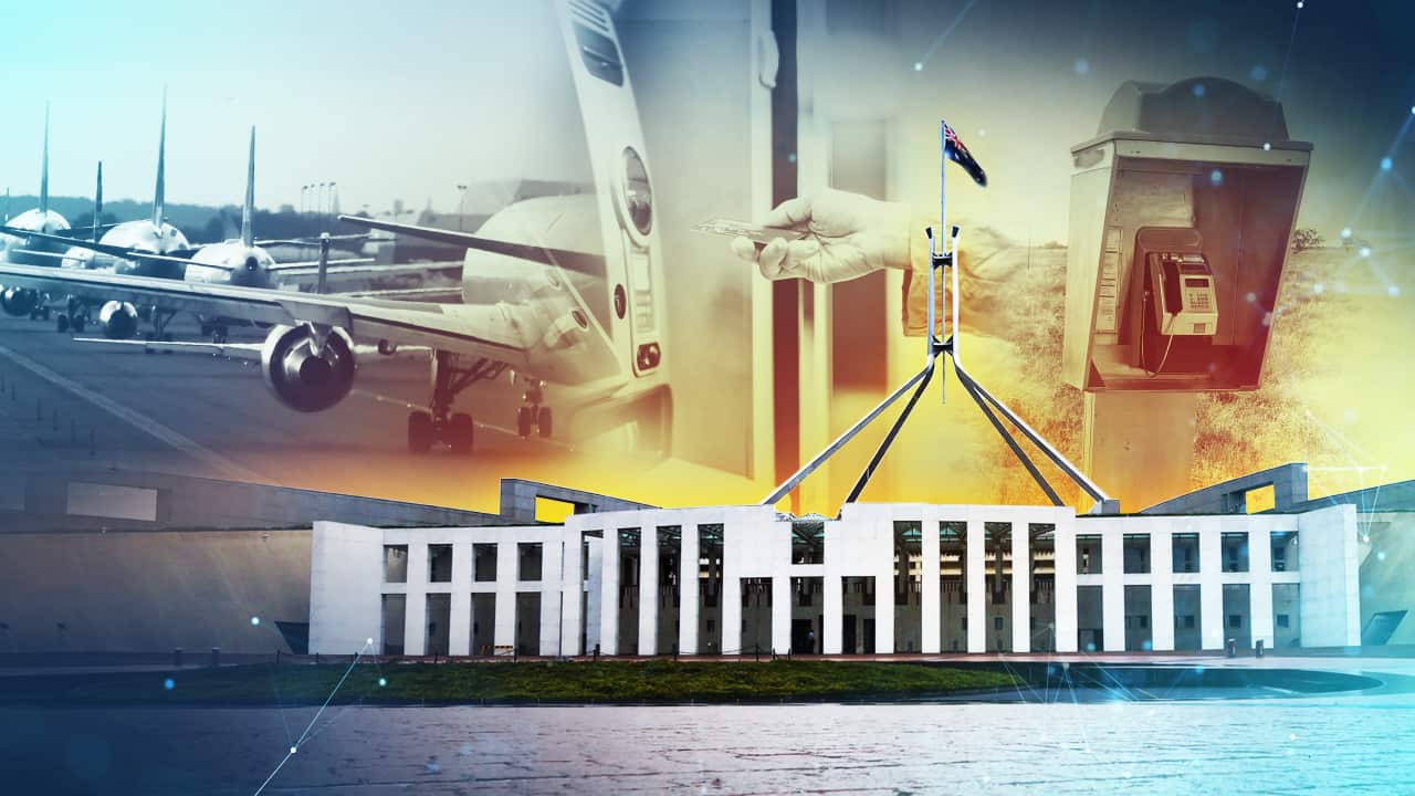 A graphic illustration showing some aeroplanes, an ATM, a public phone box and Parliament House in Canberra.