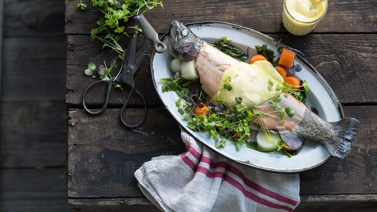 Poached trout with mustard mayo SBS Food
