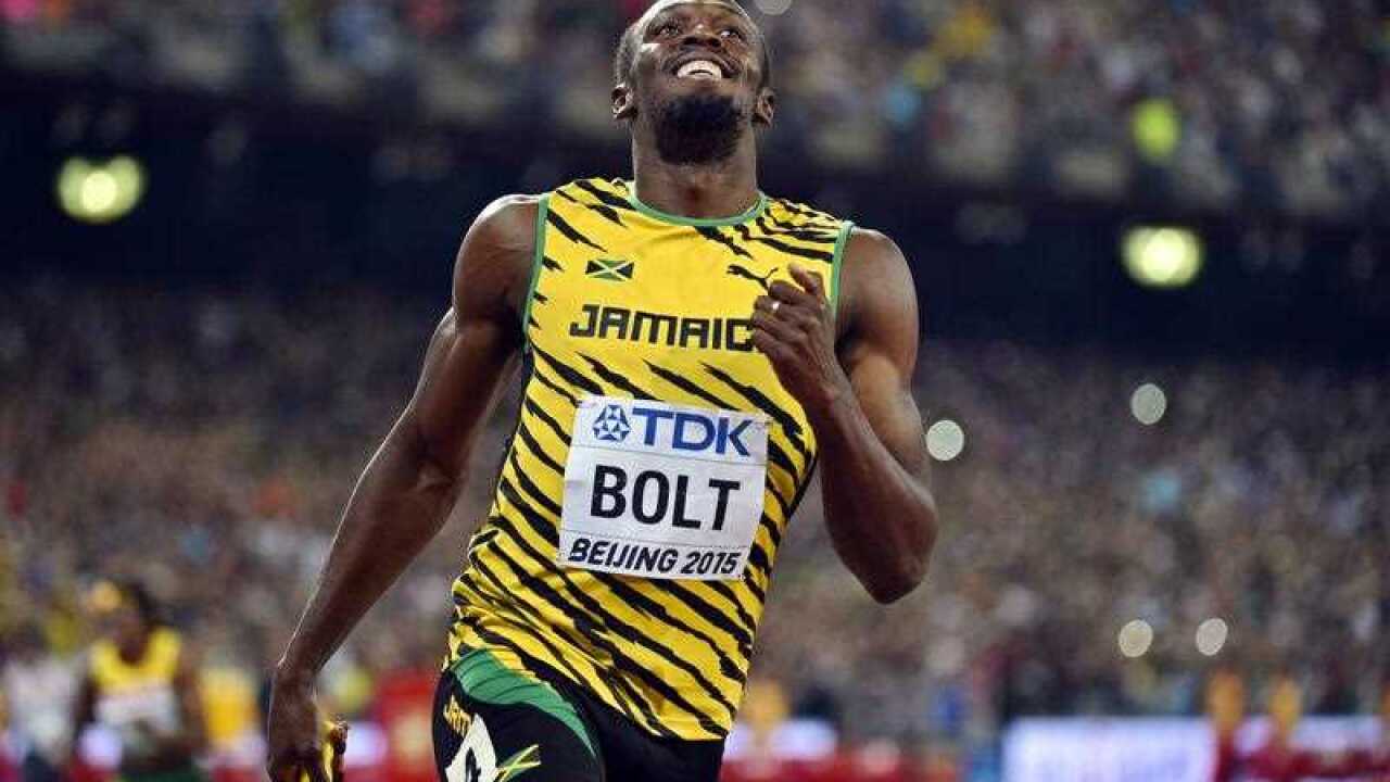 Jamaica's Usain Bolt celebrates after winning the men's 4x100m relay final during the Beijing 2015 IAAF World Championships