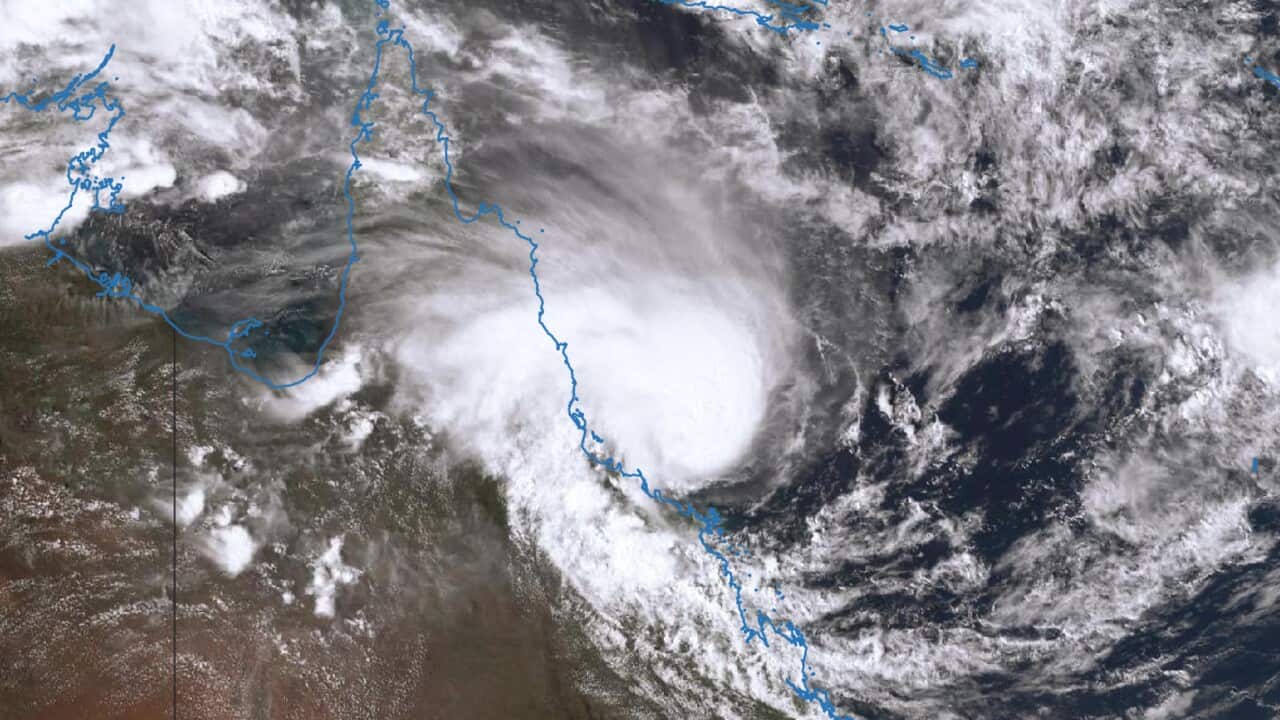 A satellite image obtained from the Bureau of Meteorology shows Tropical Cyclone Kirrily in the northern Coral Sea, Australia