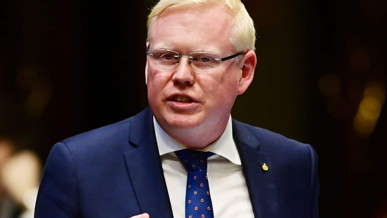 NSW MP Gareth Ward is seen speaking.