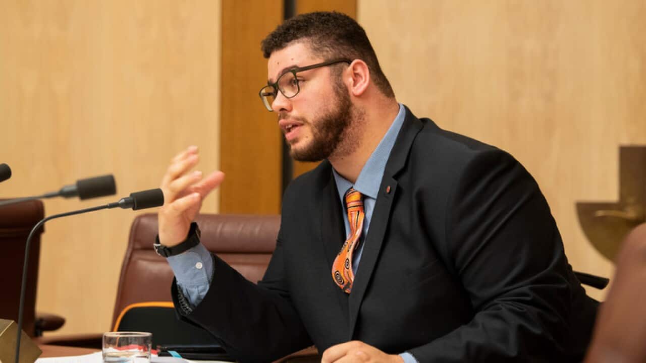 Australian Greens Senator Jordon Steele-John speaks during a Senate Estimates hearing.