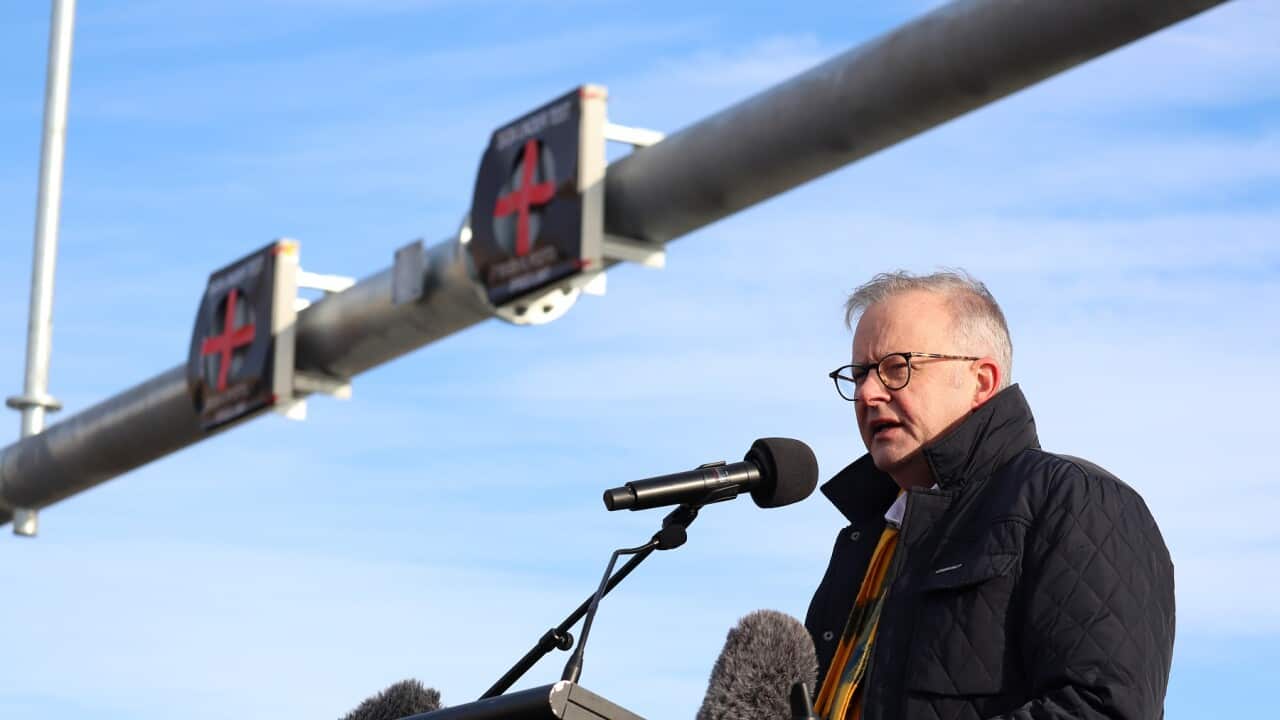 \Prime Minister Anthony Albanese speaking in Tasmania (AAP).