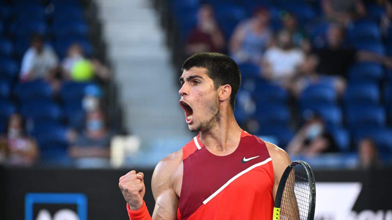 Carlos Alcaraz (ESP) during his third round match at the 2022 Australian Open at Melbourne Park in Melbourne, AUSTRALIA, on January 21, 2022. Photo by Corinne Dubreuil/ABACAPRESS.COM.