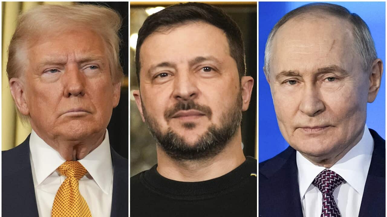From left to right, U.S. President Donald Trump, Ukrainian President Volodymyr Zelenskyy and Russian President Vladimir Putin.