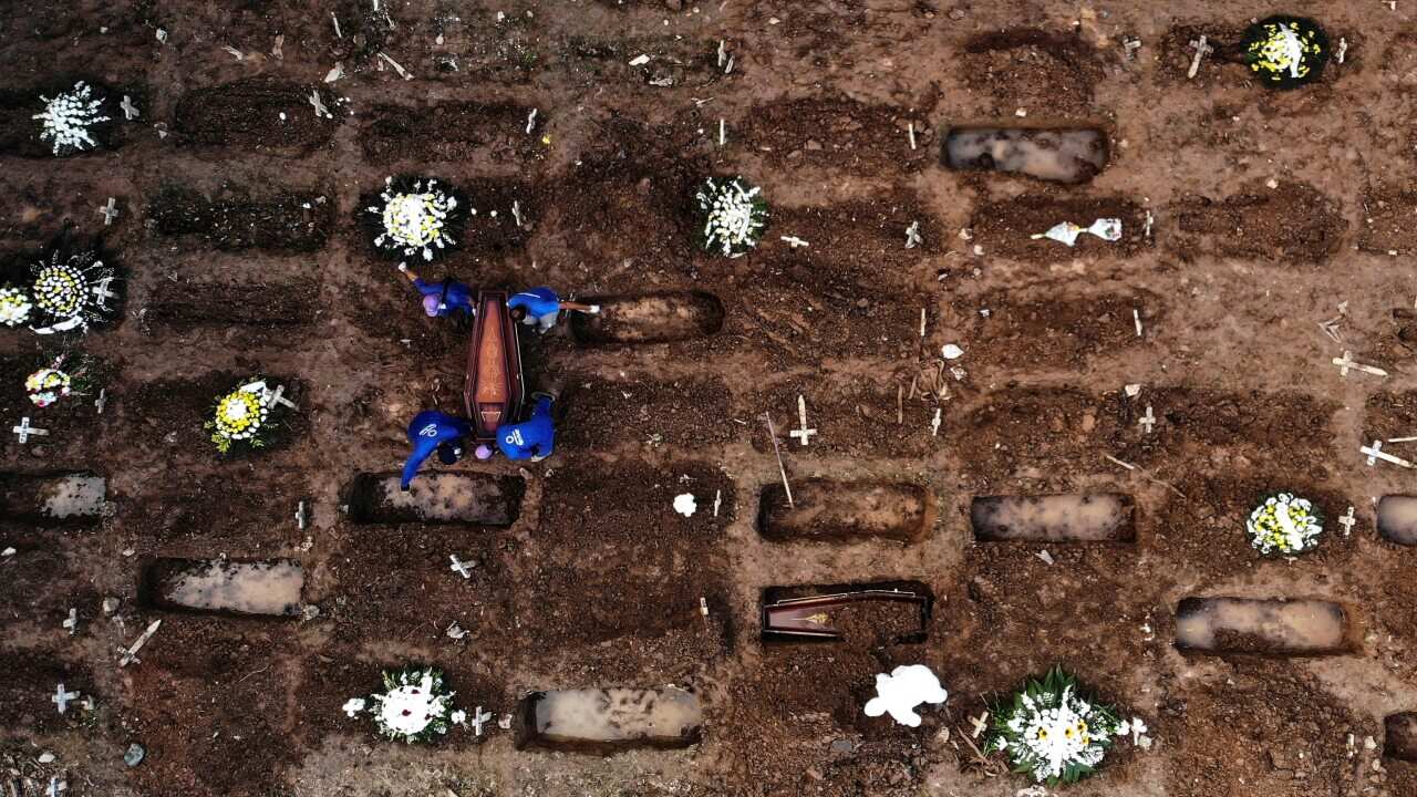 A photograph taken with a drone of a burial of a person who died of COVID-19, in the Caju cemetery, in the northern area of Rio de Janeiro.