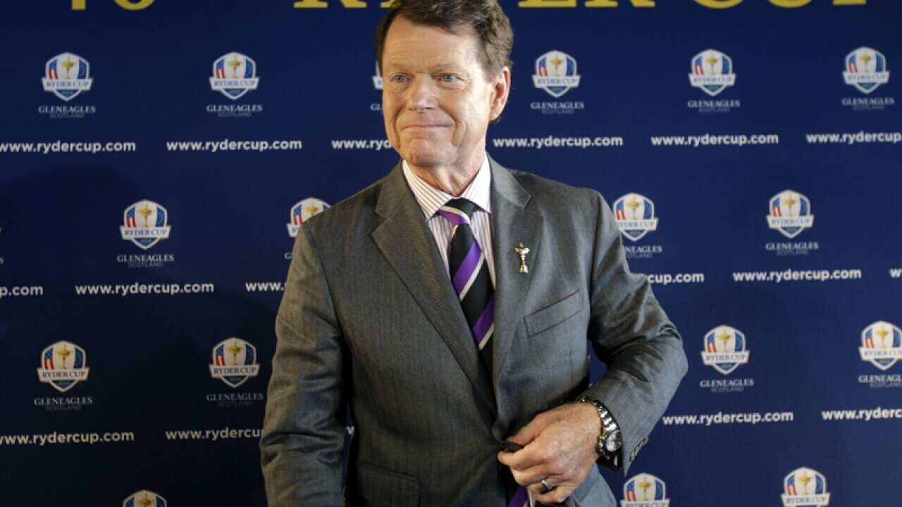Tom Watson leaves the stage after a Ryder Cup news conference.