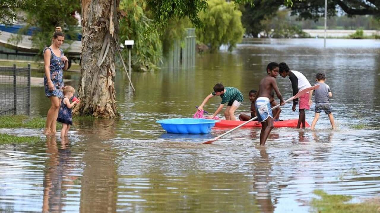 Children play in floodwaters in Ingham in North Queensland