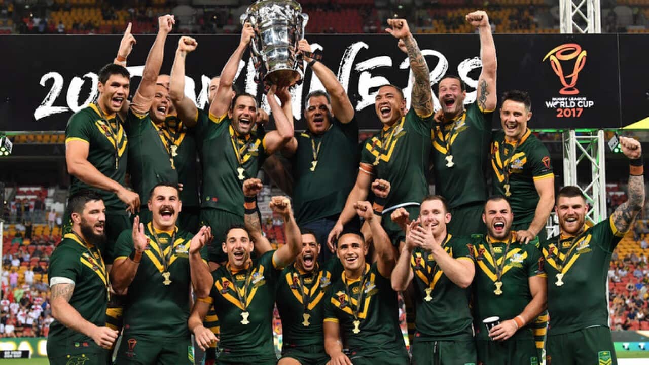 Australia celebrates winning the Rugby League World Cup Final between the Australian Kangaroos and England.