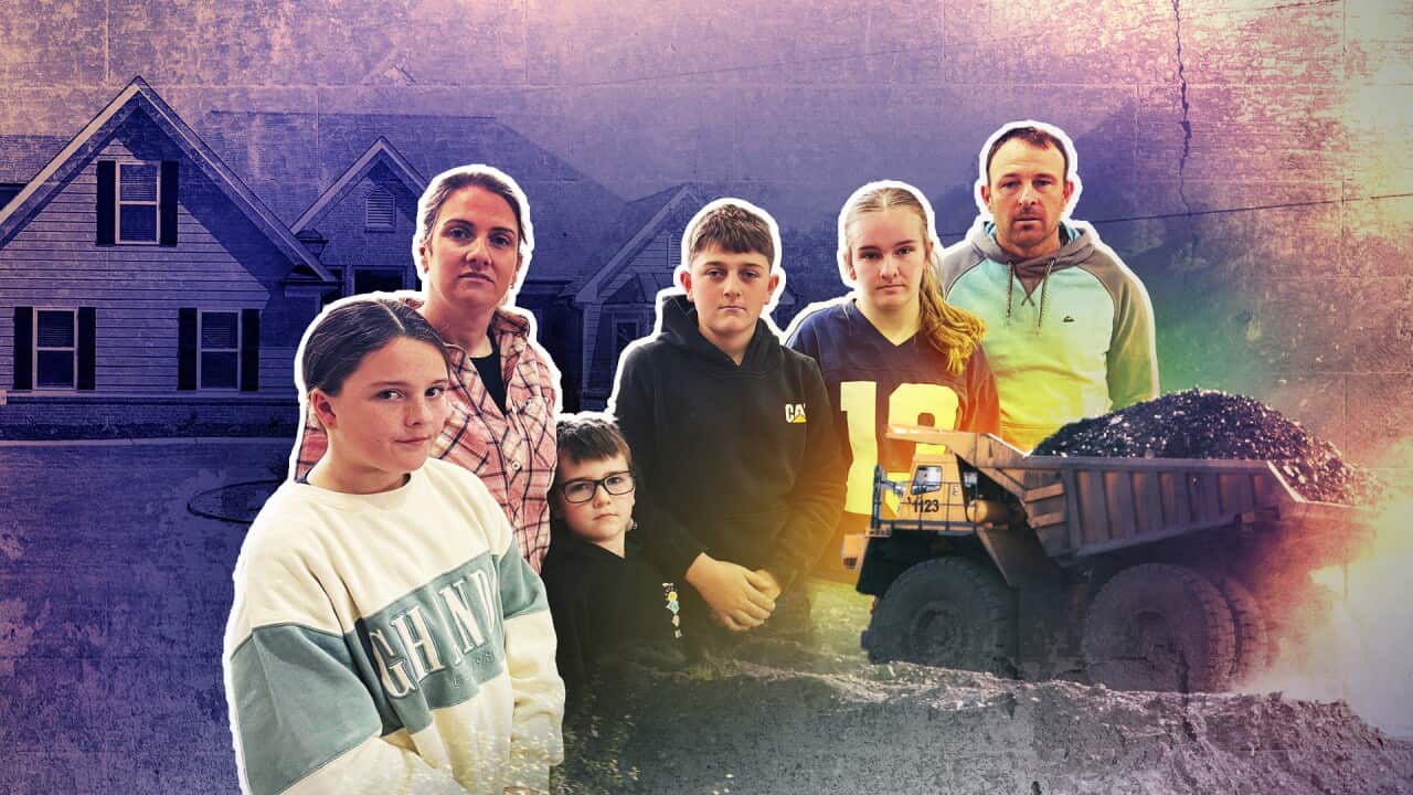 A composite image of a family of six, a house, and an earthmoving truck.