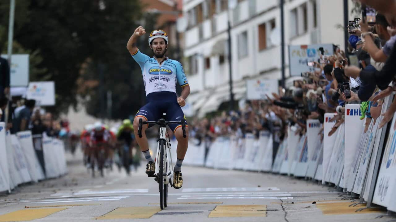 Eduard-Michael Grosu (Delko Marseille Provence) unhooked from the bunch wtih a kilometre remaining to wni Stage 2 of the 2019 CRO Race 