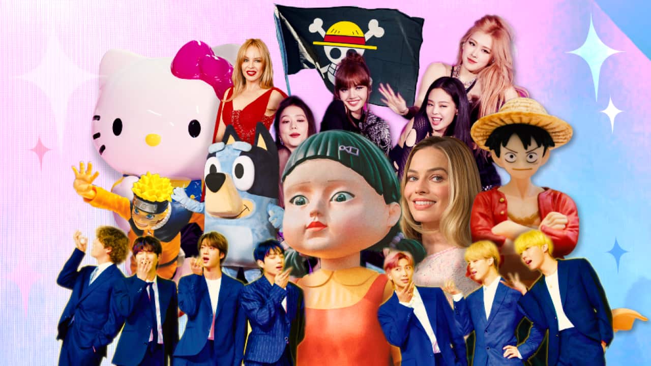 A collage of BTS, BLACKPINK, Squid Game, Naruto, One Piece, Hello Kitty, Margot Robbie, Kylie Minogue and Bluey
