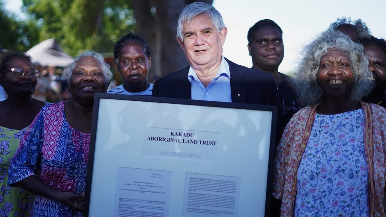 Federal Minister for Indigenous Australians Ken Wyatt with traditional owners in Jabiru.