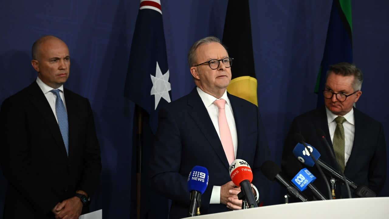 Anthony Albanese is standing at a podium with microphones attached to it. There are two men in suits standing on either side of him in front of a blue curtain, with an Australian and Aboriginal flag.