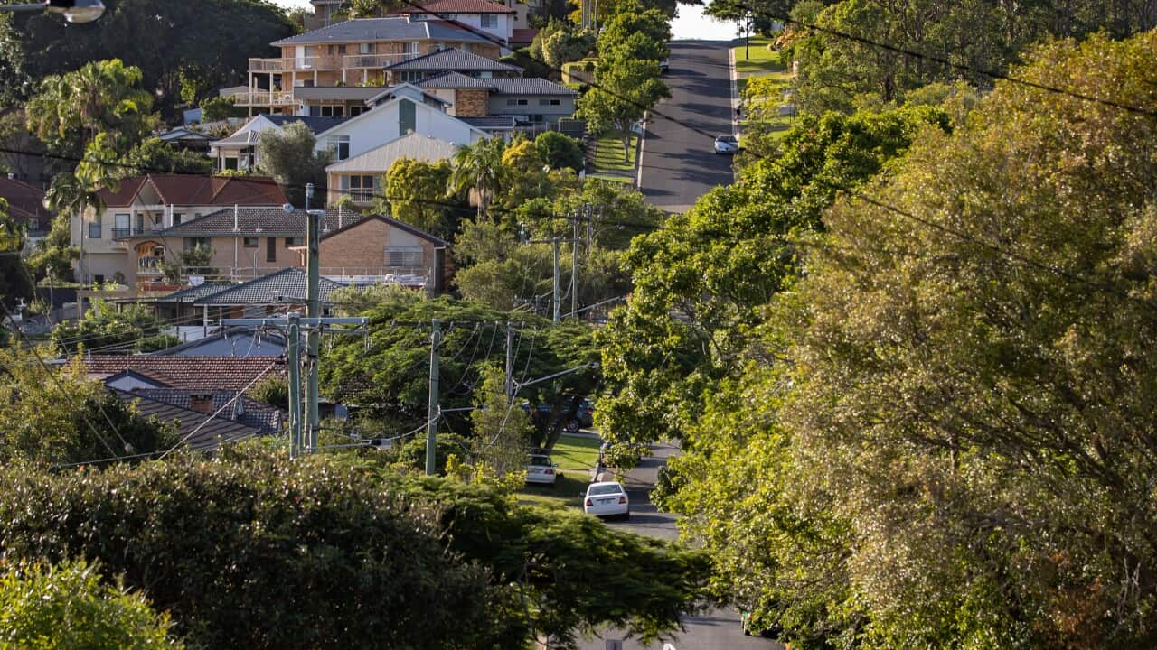 An aerial view of houses.