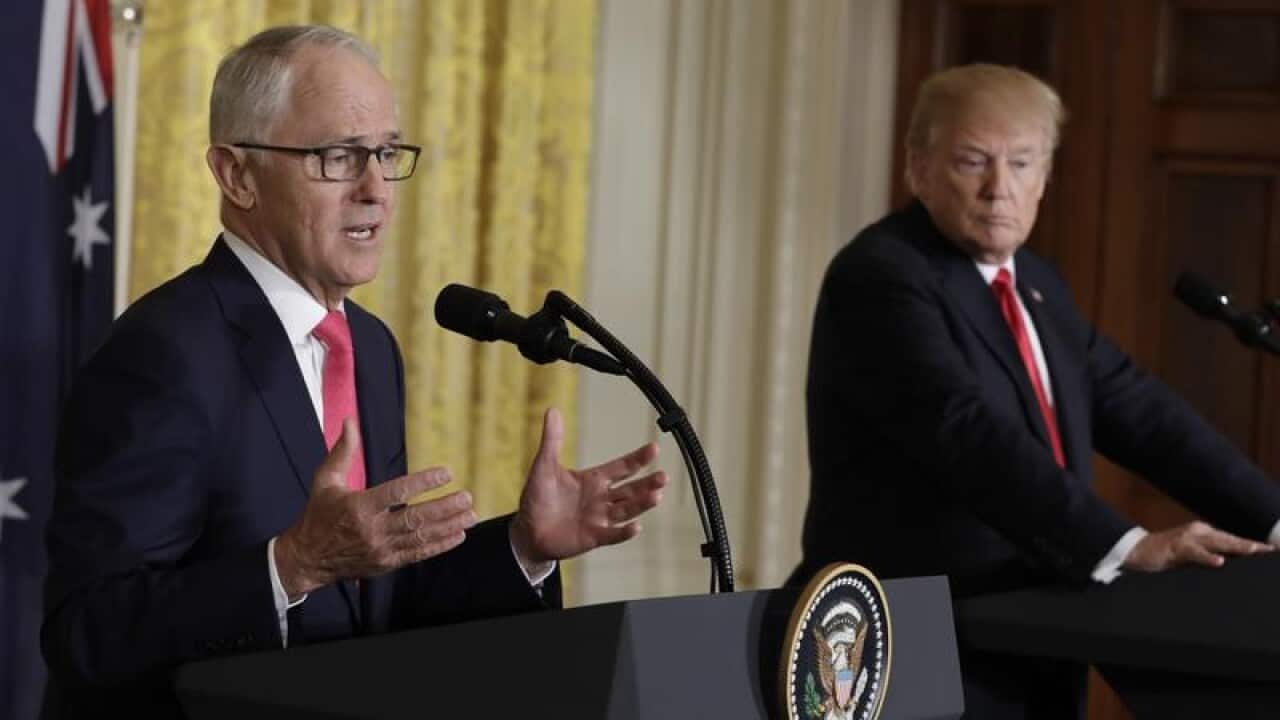 Malcolm Turnbull and Donald Trump address reporters at the White House