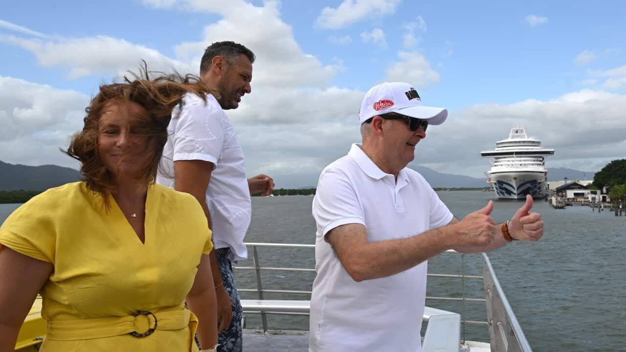 Anthony Albanese, Labor candidate for Leichhardt Matt Smith and Labor Senator Nita Green on a ferry taking them to Green Island (AAP)