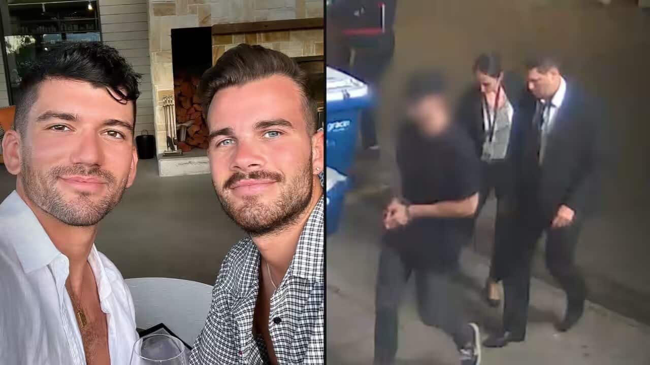 A 28-year-old police officer (right, face blurred) has been charged with the murder of Sydney couple Luke Davies and Jesse Baird (left)