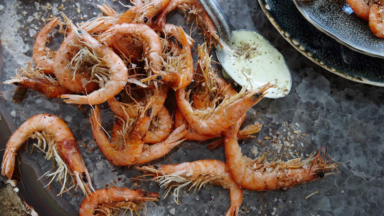 Salt and Sichuan pepper baby prawns with coriander and lime aioli