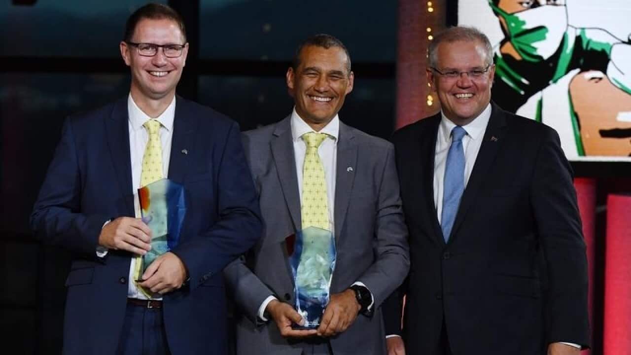 Dr Richard Harris and Craig Challen pictured with Scott Morrison.