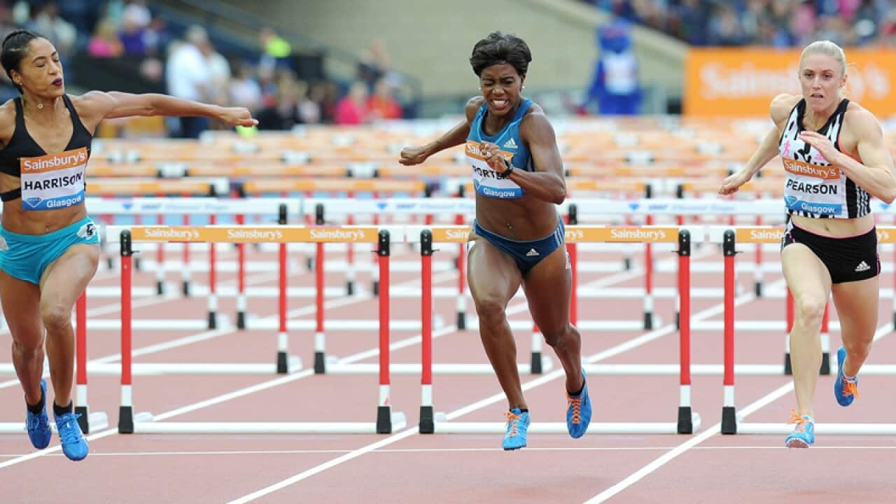 Tiffany Porter (C) with Queen Harrison (L) and Sally Pearson (R)