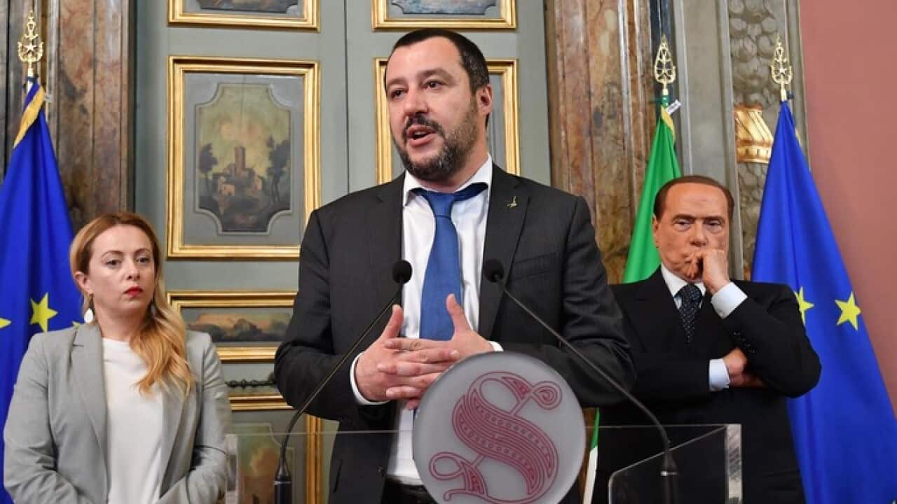 Matteo Salvini (C), Giorgia Meloni (L) and Forza Italia party Silvio Berlusconi