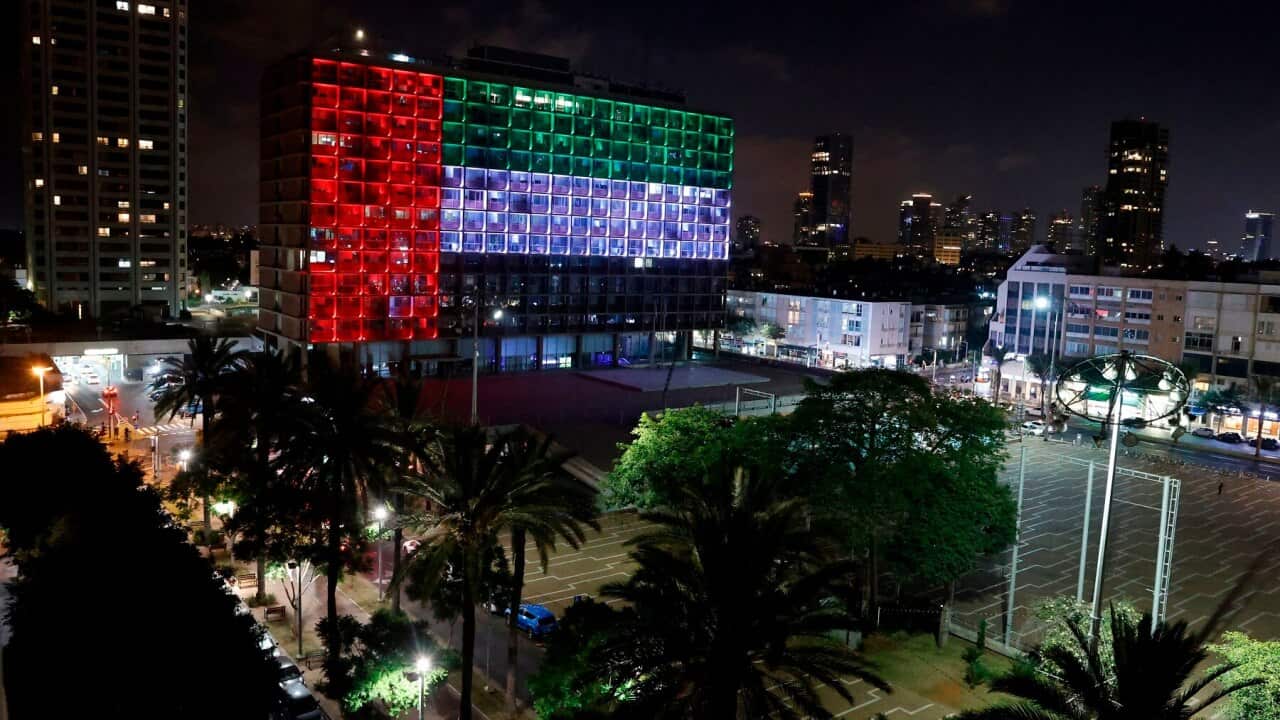 City hall in Tel Aviv, Israel, is lit up in the colours of the United Arab Emirates national flag